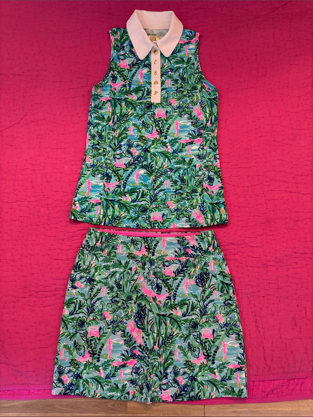 Lilly Pulitzer Luxl Green and Pink Tropical Print Sleeveless Polo Top & skirt